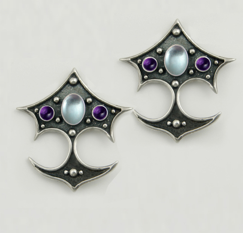 Sterling Silver Gothic Drop Dangle Earrings With Blue Topaz And Amethyst